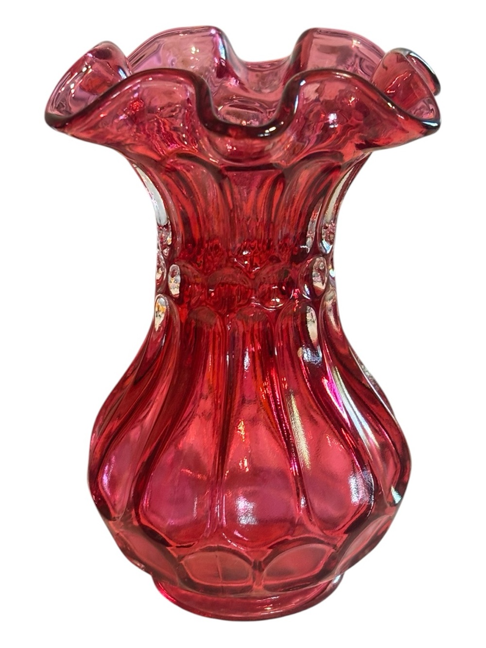 Fenton Cranberry vintage Red Ruffled Art Glass Vase 5 & 1/4 inch tall